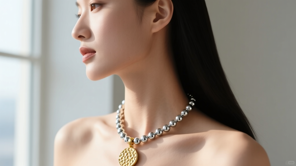 Side profile of a woman wearing a 32-inch platinum bead chain and a 24-inch gold pendant, showcasing contrasting metal textures