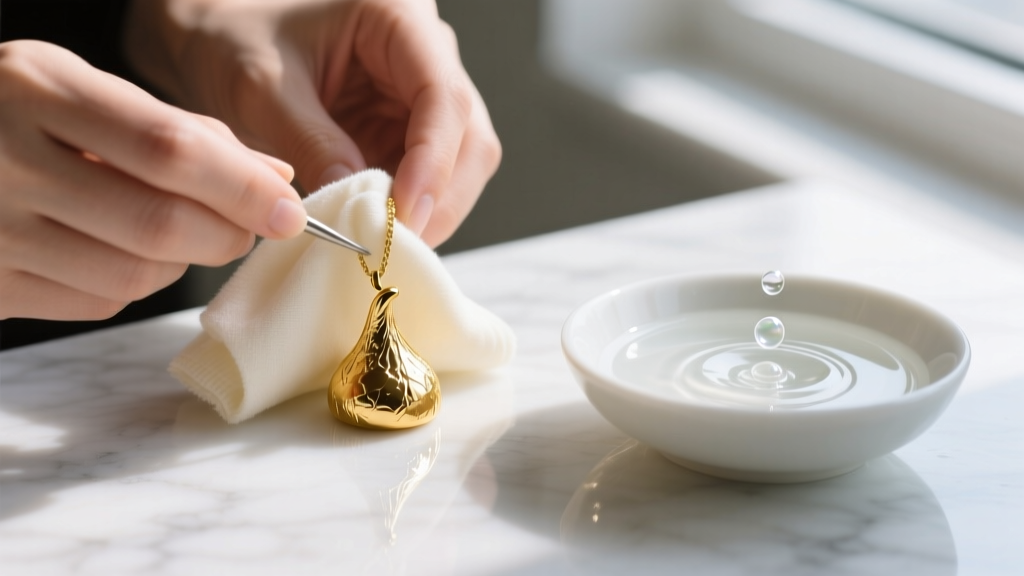 Hands polishing a gold Hershey Kisses pendant with a soft cloth beside a bowl of soapy water on a bright white marble surface.