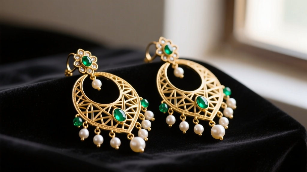 Heavy Indian Jhumka earrings with intricate gold filigree, emerald beads, and pearl drops resting on dark velvet