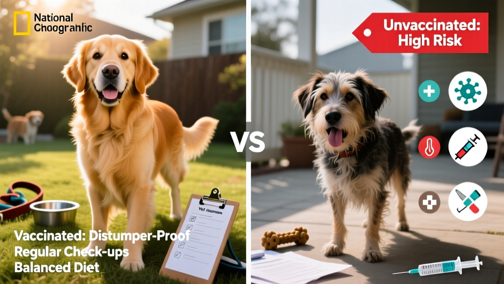 Infographic-style illustration comparing vaccinated vs. unvaccinated dog health outcomes over time