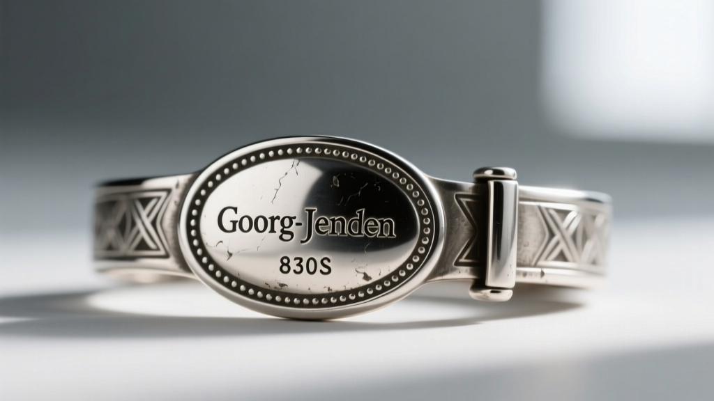 Macro photography of a vintage Georg Jensen silver clasp showing the dotted oval hallmark, 830S stamp, and Denmark engraving.