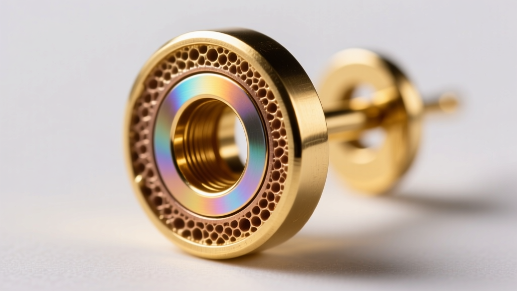 Microscopic cross-section of a gold-plated brass earring post, revealing the PVD coating bonded to the porous cast metal base