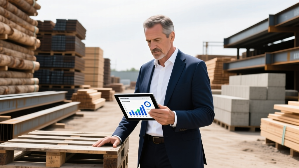 Construction executive analyzing digital marketing analytics on a tablet while standing in a busy lumber and building materials yard
