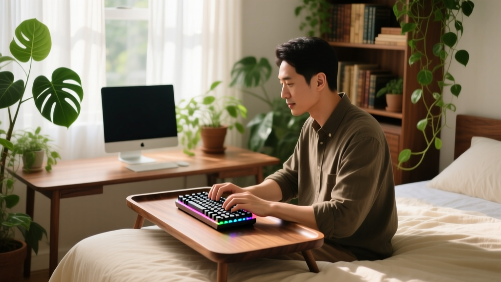 Adult typing on a low-profile mechanical keyboard resting on a walnut bed tray desk in a sunlit, plant-filled bedroom workspace.