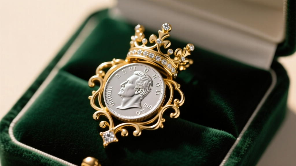Close-up of a silver crown coin set in an ornate gold brooch mount, resting on dark green velvet under soft, warm studio lighting.
