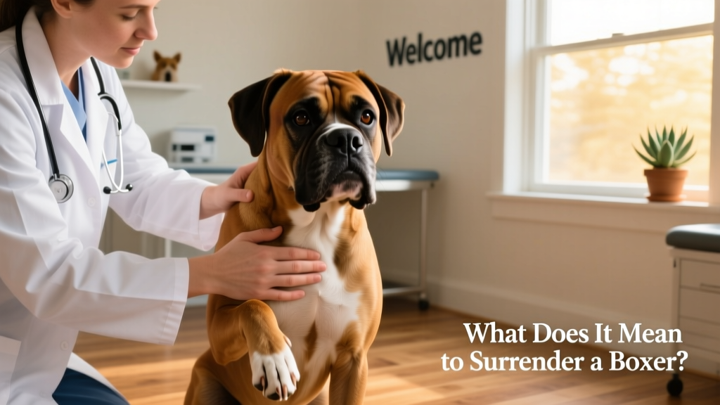 A veterinarian gently examining a boxer during a routine wellness check