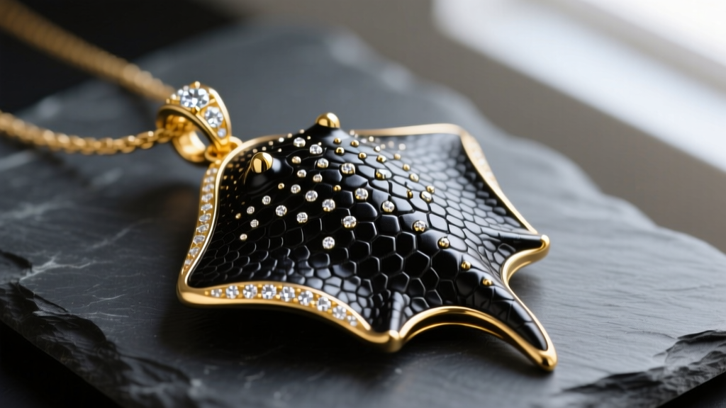 Macro close-up of a diamond-dusted black shagreen stingray leather pendant set in an 18k yellow gold bezel, resting on dark slate.