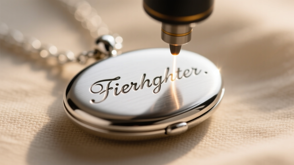Macro shot of a fiber laser engraving delicate script font onto a brushed sterling silver oval locket pendant for a granddaughter