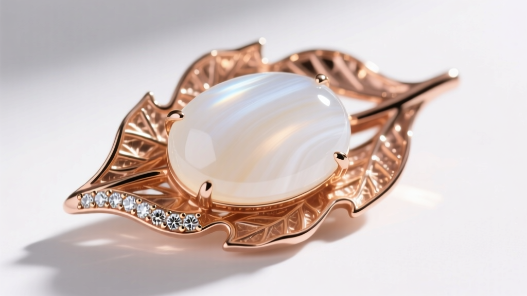 Macro close-up of a polished white agate cabochon set in a textured 18k rose gold leaf bezel with tiny brilliant-cut diamonds.