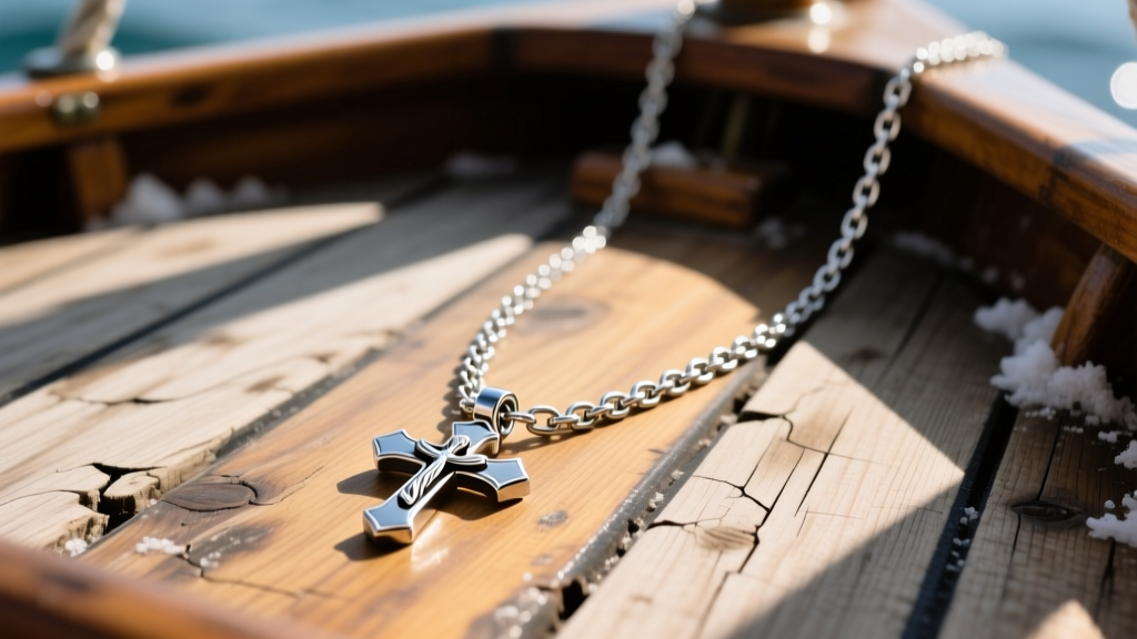A 2.5mm stainless steel Figaro chain attached to a St Peter inverted cross pendant, displayed on a weathered wooden boat deck.