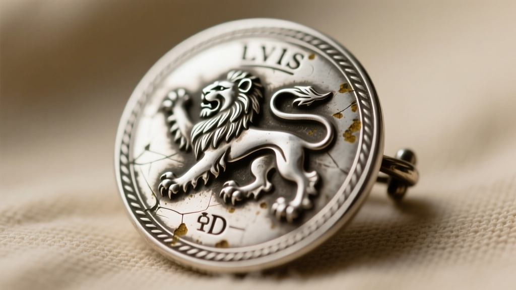 Macro of a vintage sterling brooch back, displaying a worn British lion hallmark and maker's mark in oxidized silver crevices.