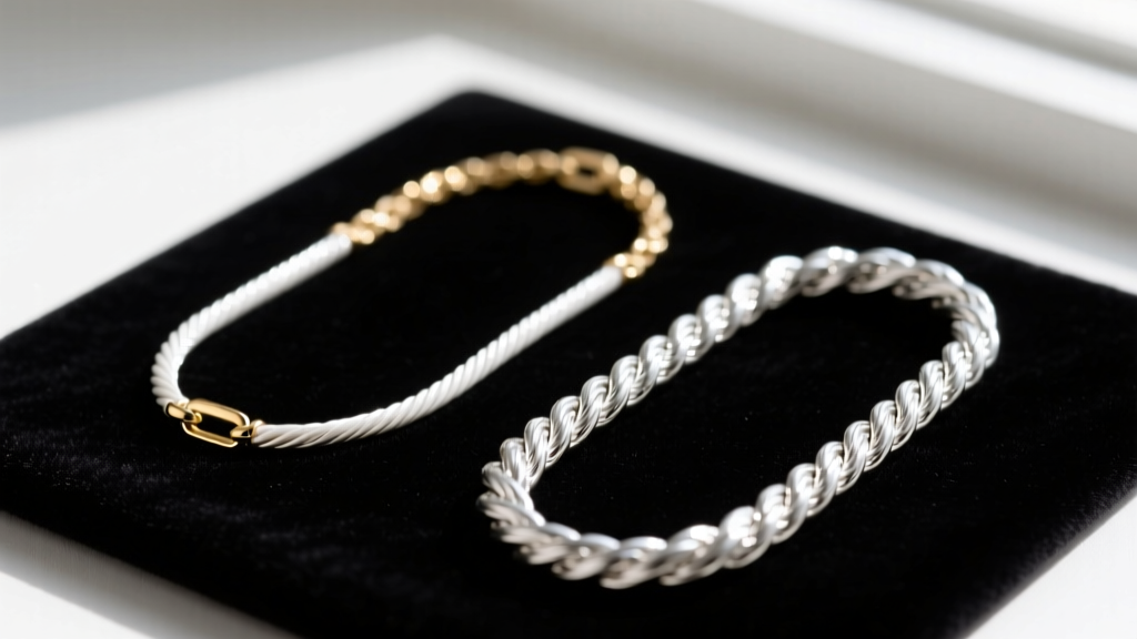 Macro shot comparing a 1.5mm 14k white gold cable chain and a 3mm sterling silver rope chain on a dark velvet display pad