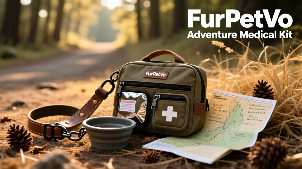 FurPetVo Adventure Medical Kit displayed next to hiking gear: a leash, collapsible bowl, and trail map
