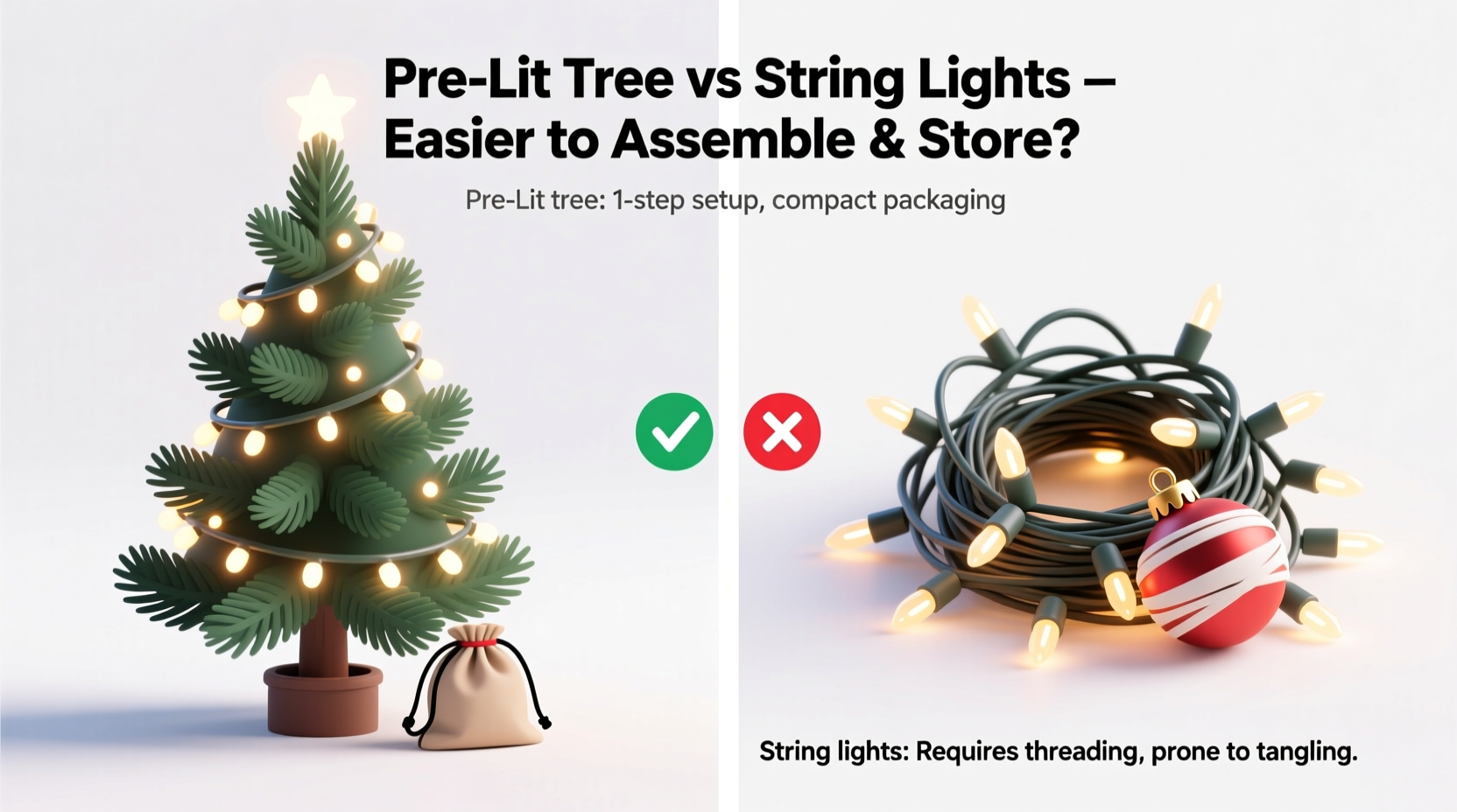 pre lit tree vs string lights alone which is easier to assemble and store