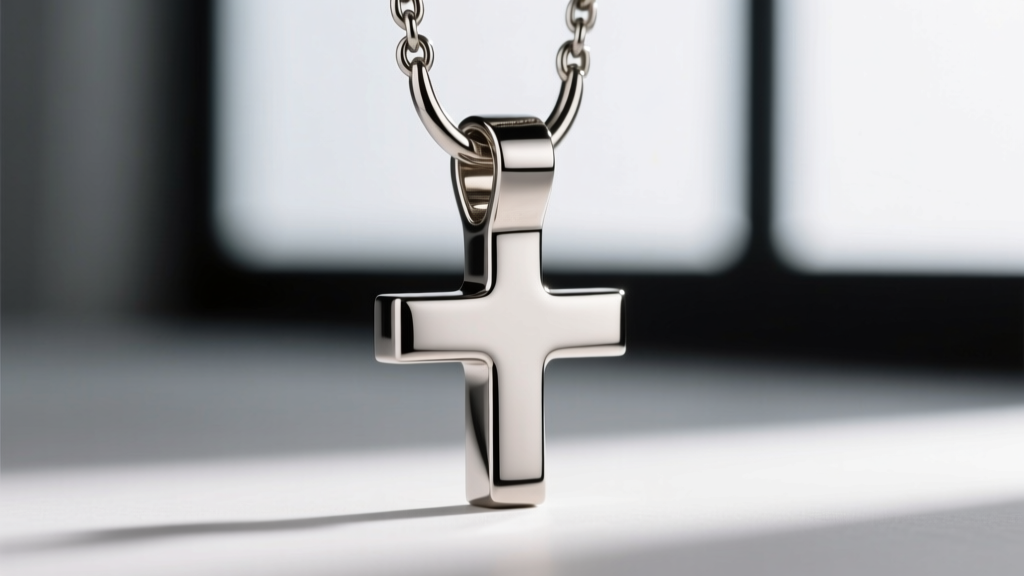 Close-up of direct metal laser sintered titanium Athelstan cross necklace bail showing smooth polished finish and thick jump ring