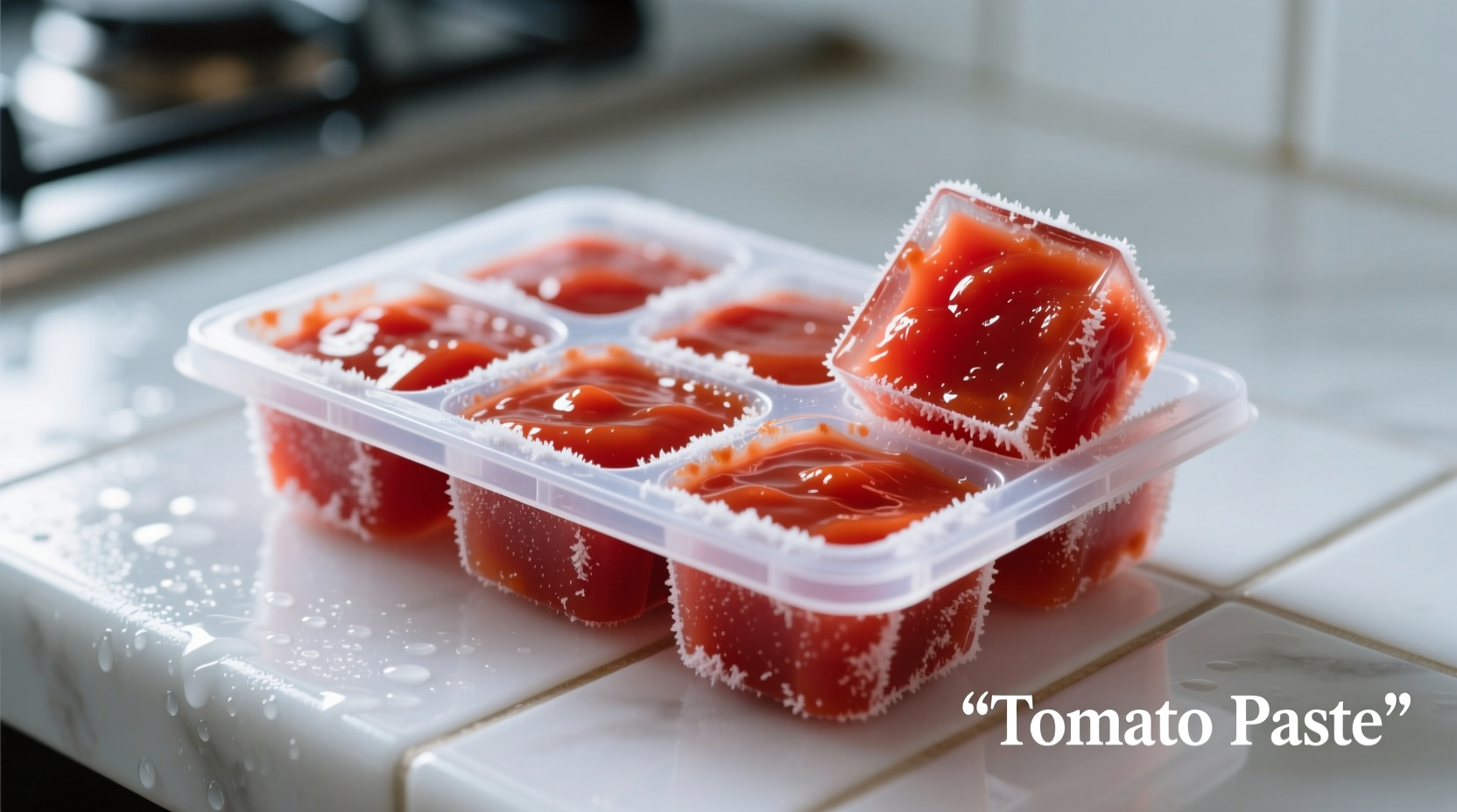 Tomato paste frozen in ice cube tray portions