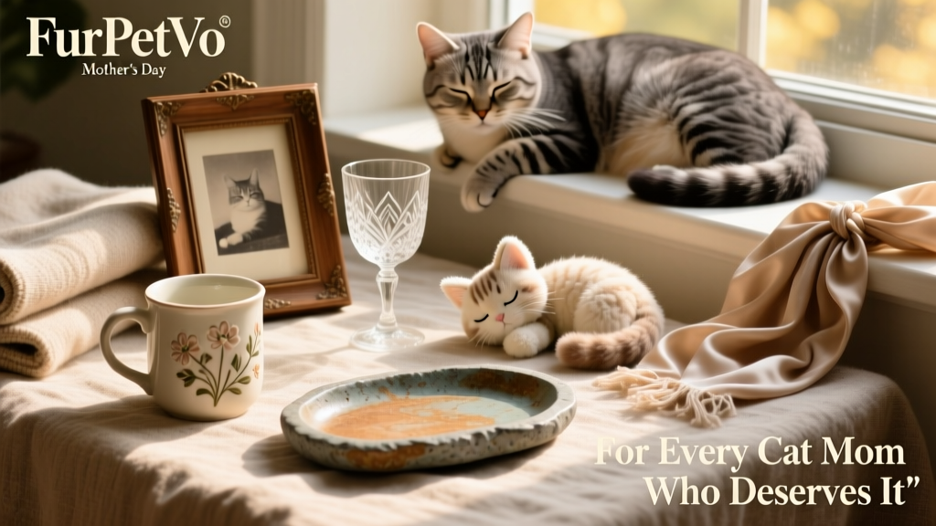 A flat-lay photo showing several FurPetVo gifts arranged together: a mug, wine glass, picture frame, plush toy, and stoneware tray, all styled with soft fabrics and a sleeping cat in the background