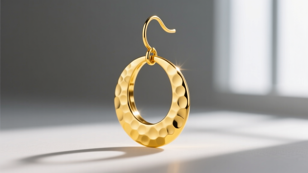 Side view of 22k gold hammered disc drop earring showcasing soft metal dents and rich yellow hue against a soft gray backdrop.