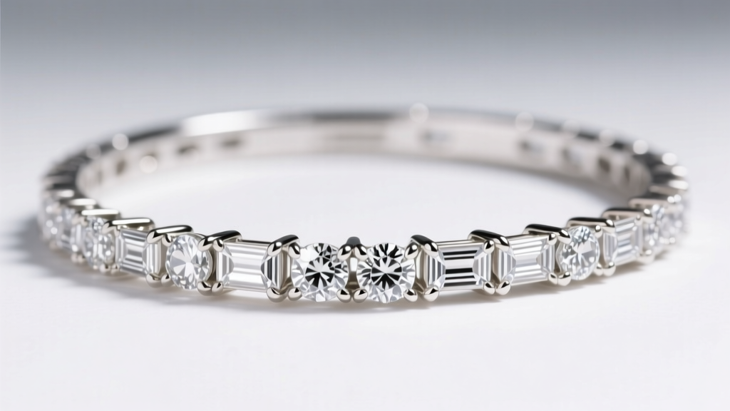 Macro shot of a diamond choker in 14k white gold, showing intricate prong settings holding alternating baguette and round cut gems