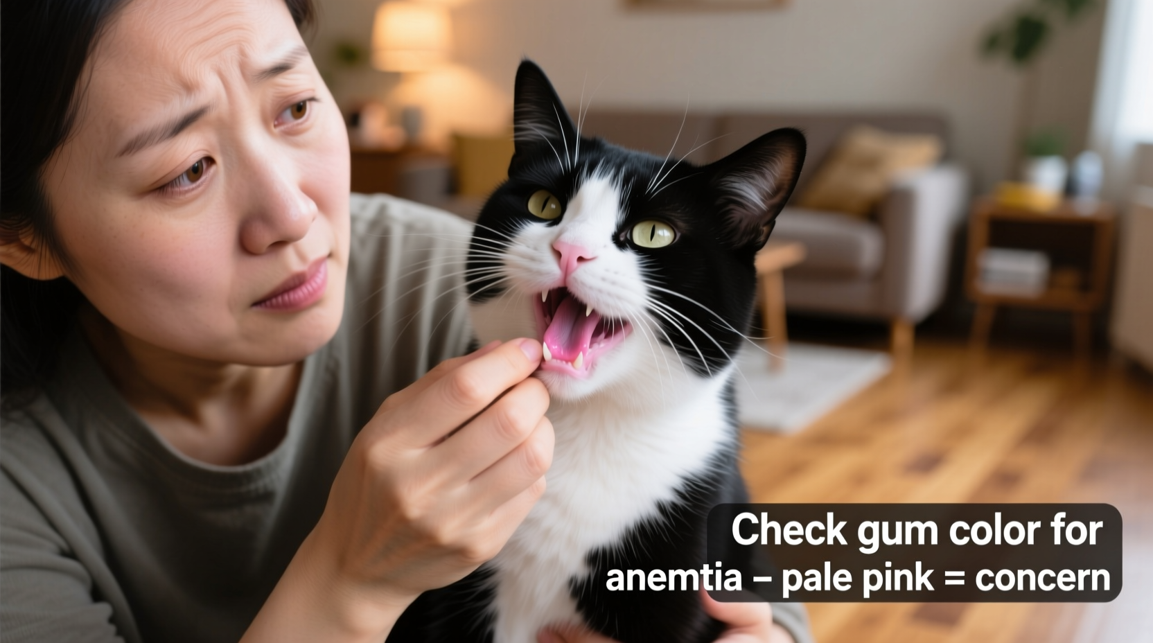 Cat owner checking pet's gum color for signs of anemia