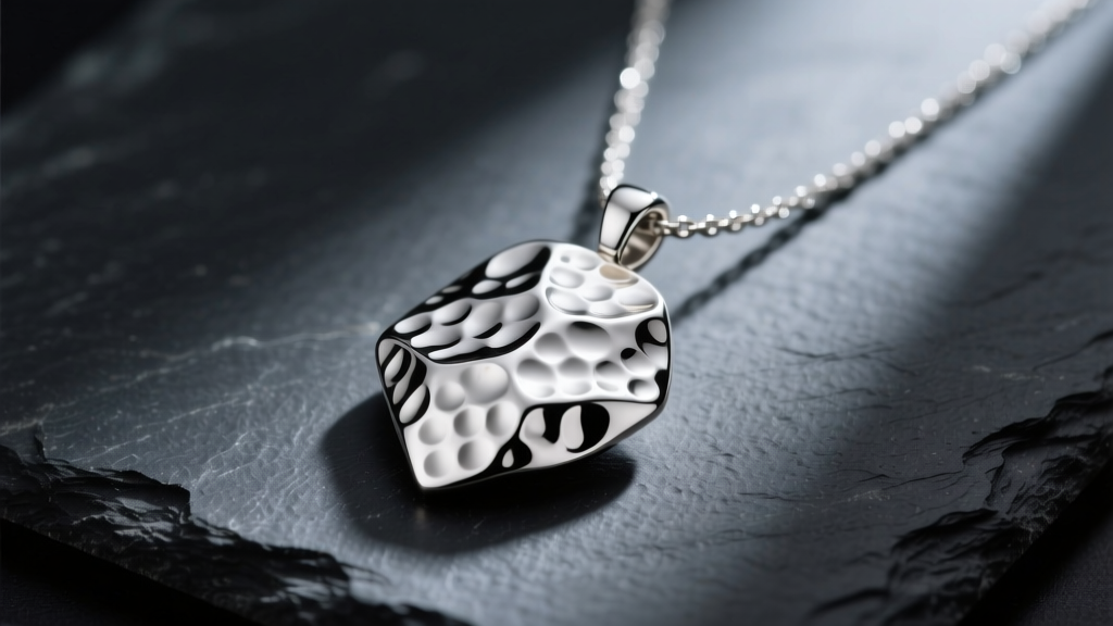 Sterling silver hammered necklace pendant on dark slate, showing dimpled artisan texture catching soft directional studio lighting.