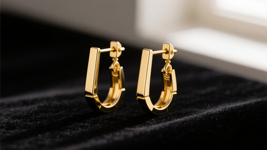A pair of 14k yellow gold leverback dangle earrings on dark velvet, highlighting the hinged clasp mechanism in sharp macro detail