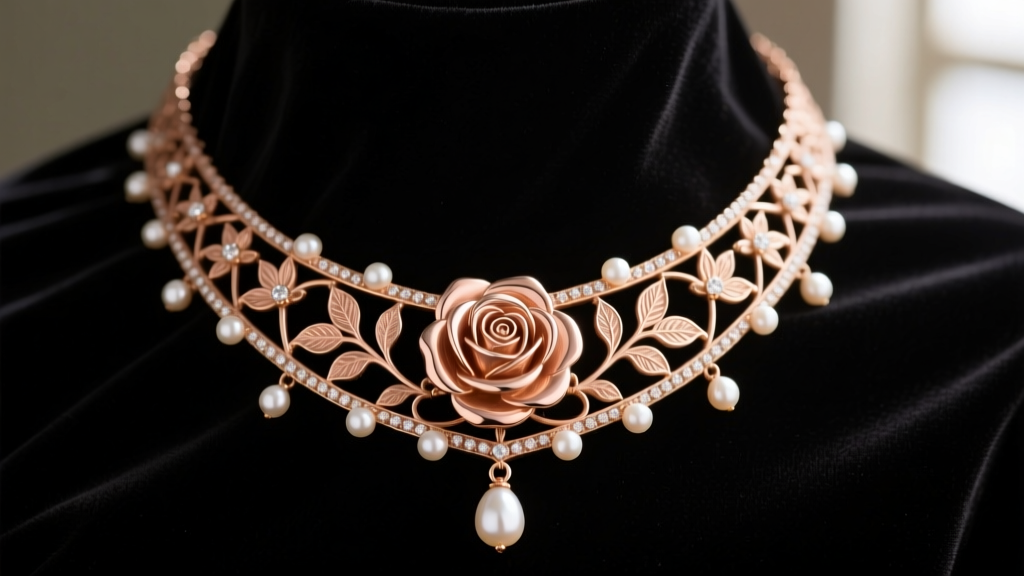 Close-up of an authentic Victorian 14k rose gold necklace with a hand-engraved rose pendant and seed pearls on dark velvet