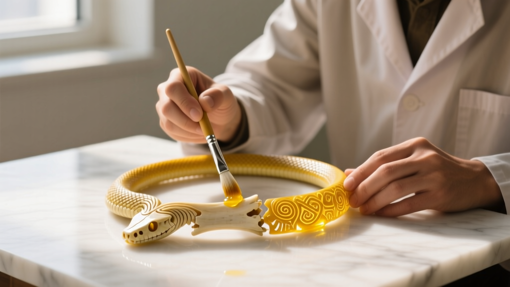 Conservationist applying micro-crystalline wax with a soft brush to a yellowed snake bone necklace to restore its natural luster