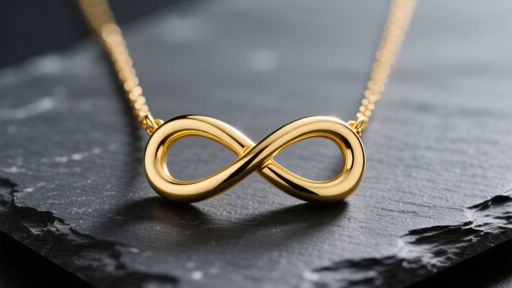 Macro photo of an 18k yellow gold infinity necklace pendant on dark slate, highlighting the polished continuous loop design.