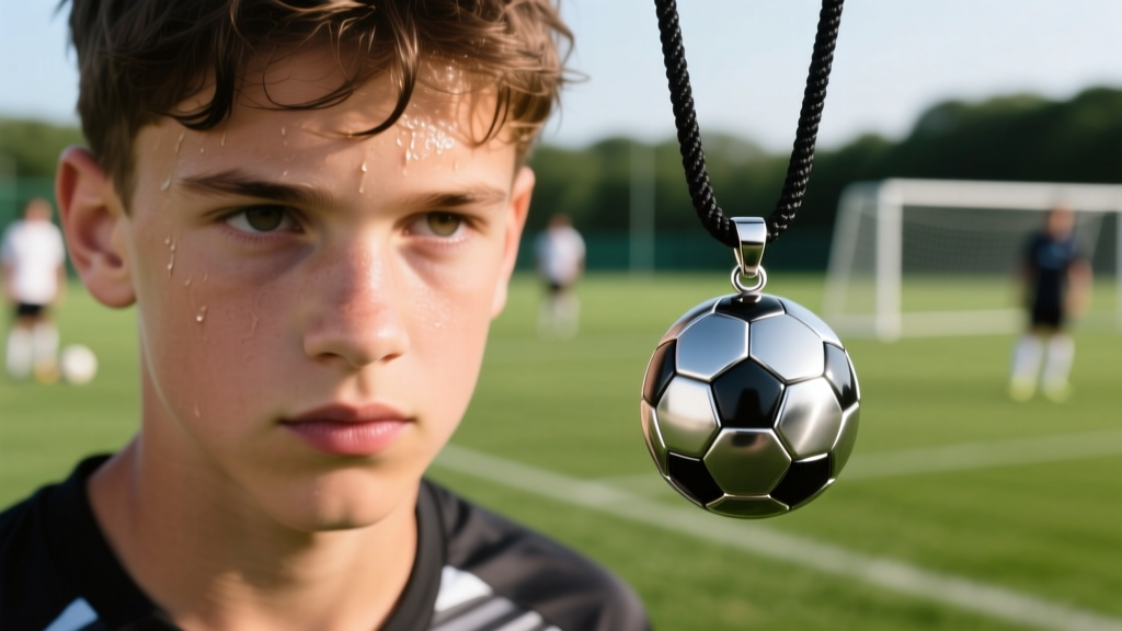 Close-up of a youth soccer player wearing a titanium soccer ball pendant on a black breakaway cotton cord during outdoor practice