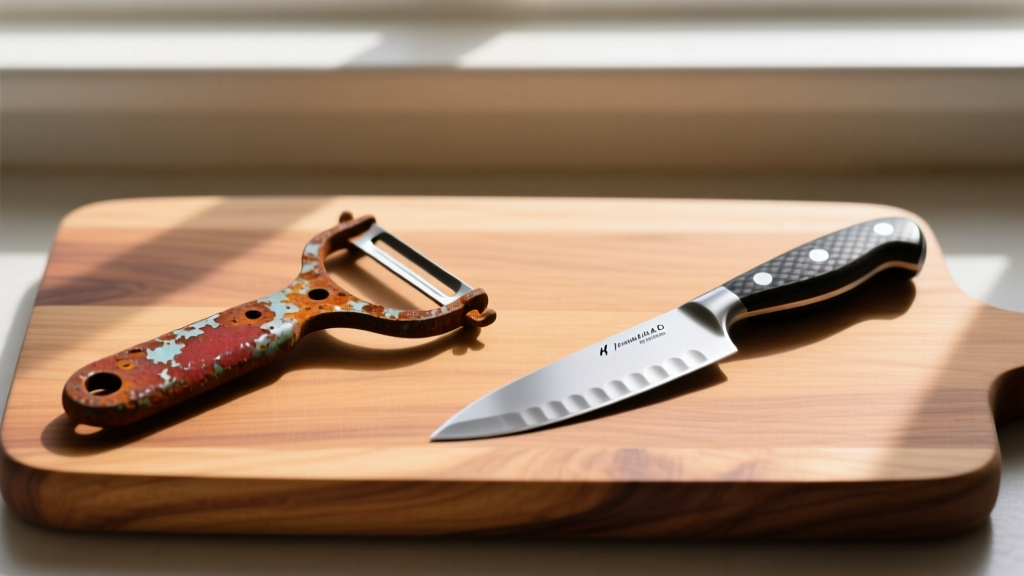 Side-by-side comparison of a rusted stamped metal vegetable peeler next to a premium carbon steel Y-peeler resting on a wooden cutting board