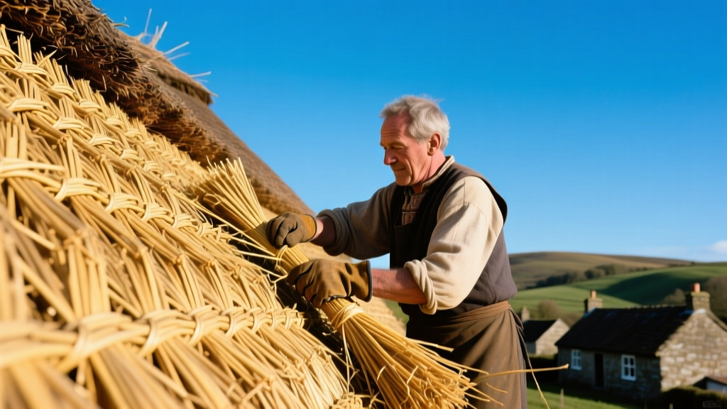 Master thatcher weaving golden water reed bundles along a steep 50-degree roof ridge against a clear blue sky background