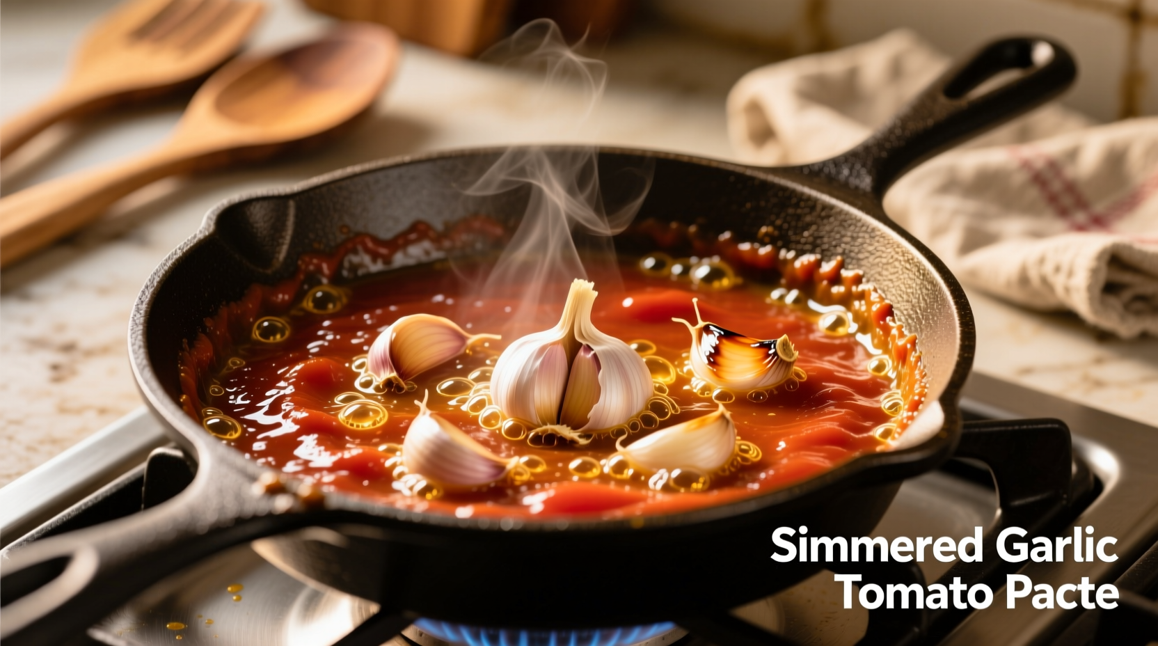 Tomato paste simmering in a skillet with garlic