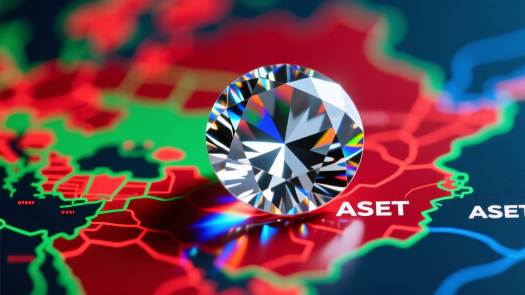 Macro view of an ASET map showing vibrant red, green, and blue light return patterns on a precisely cut round brilliant diamond.