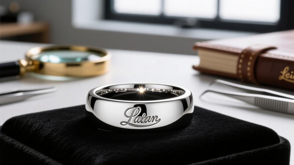 Macro shot of a platinum hallmark inside a diamond ring, lit by a jeweler's loupe against a softly blurred dark background.
