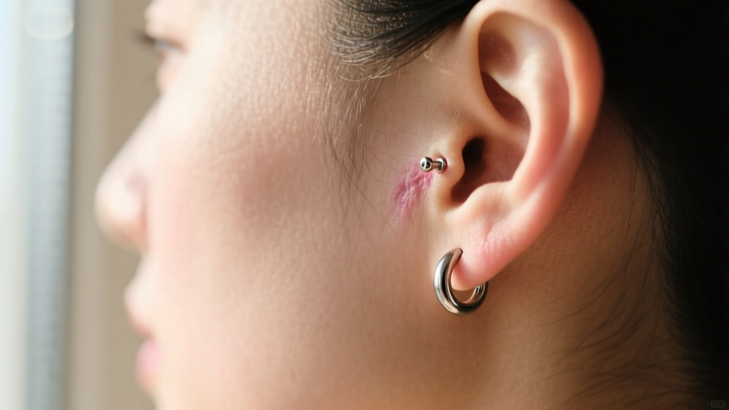 Close-up of a side profile showing an 8mm long post titanium earring resting comfortably against a thick, healing earlobe piercing.