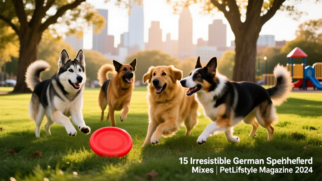 A diverse group of German Shepherd mixes playing together in a sunlit park — including a Shepsky, a Golden Shepherd, and a Corman Shepherd