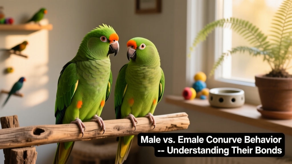 A pair of green-cheeked conures perched side by side on a natural wood perch, one slightly more forward-facing than the other