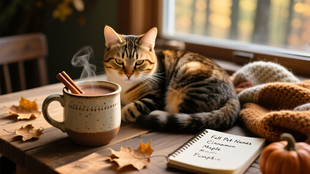 Calico cat curled up beside a ceramic mug of hot cocoa and cinnamon sticks
