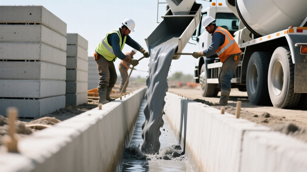Construction workers pouring gray flowable fill slurry from a ready-mix truck chute into a narrow utility trench next to stacked concrete forms