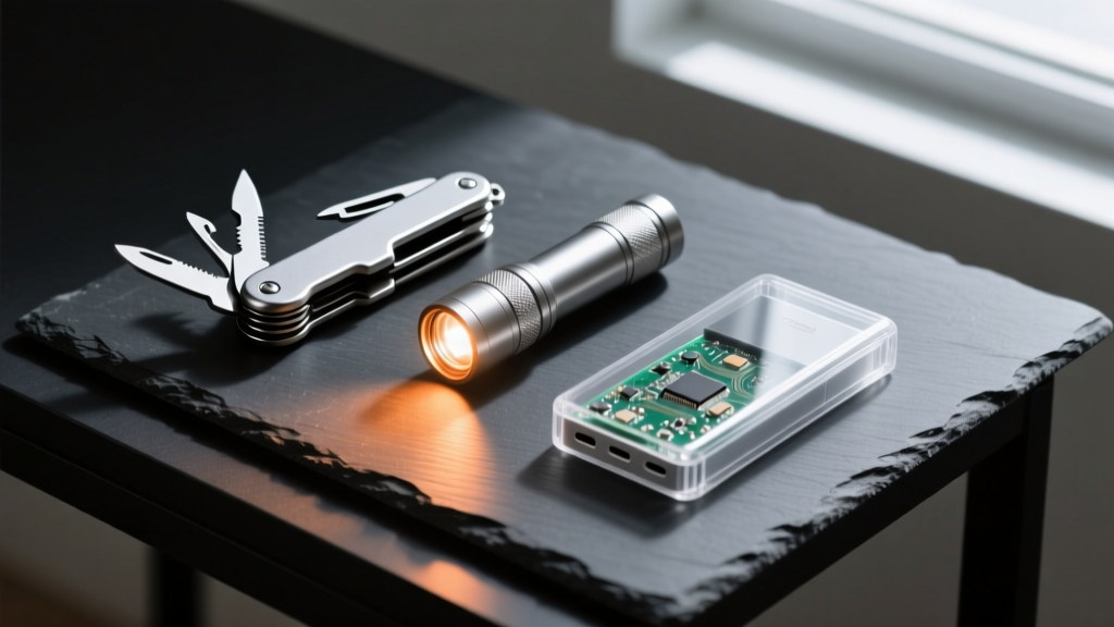 Flat lay of titanium EDC multi-tool, high-CRI flashlight, and transparent power bank on a dark slate desk with dramatic side lighting