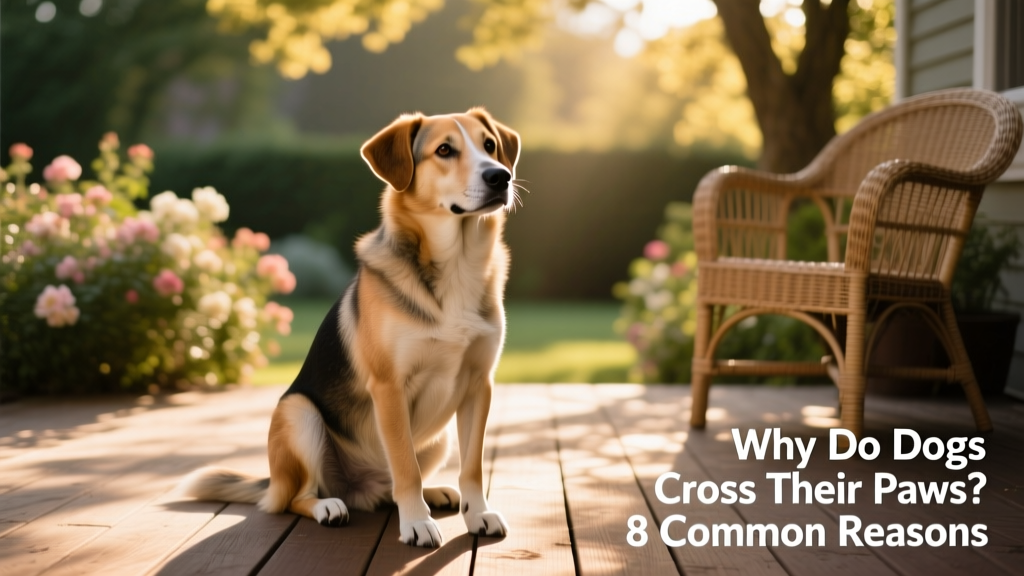 A relaxed dog sitting with front paws neatly crossed, head tilted slightly, looking calm and content