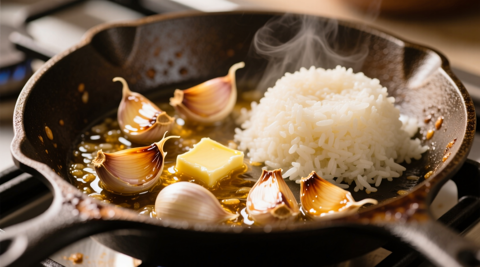Fresh garlic being sautéed in butter for rice