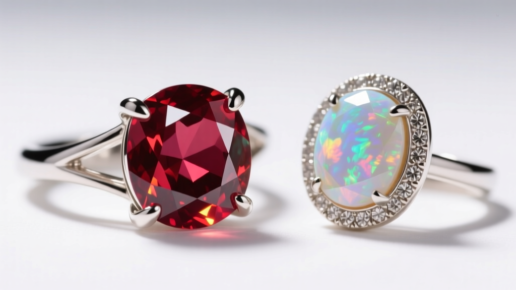 Macro loupe view of a ruby in a four-prong platinum setting next to a bezel-set opal, highlighting precise jewelry craftsmanship