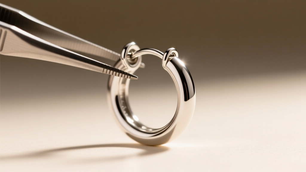 Tweezers adjusting the tension pin on a sterling silver 25mm medium hoop earring latch-back clasp under bright studio lighting