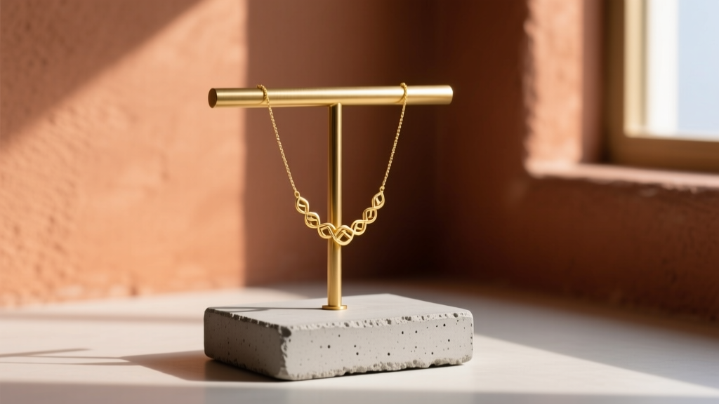 A DIY jewelry stand with a gray concrete base and brass T-bar, displaying a gold necklace against a sunlit terracotta wall