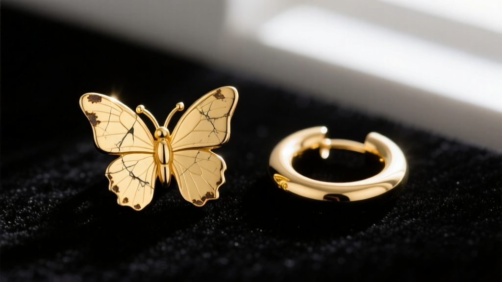 Macro shot comparing a scratched 18k gold butterfly back to a pristine 14k gold hinged clicker huggie resting on black velvet