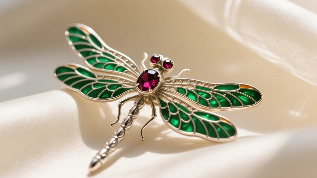 Close-up of a Victorian silver-gilt dragonfly brooch with green champlevé enamel wings and cabochon garnet eyes under bright light
