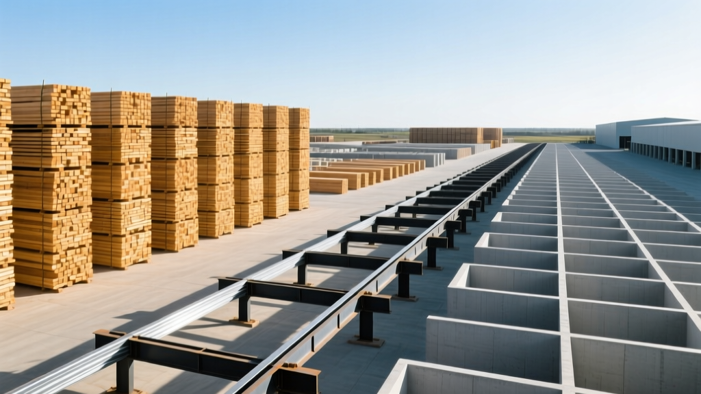 Aerial view of a massive modern construction materials distribution yard with organized stacks of timber, precast concrete panels, and steel beams under a clear sky