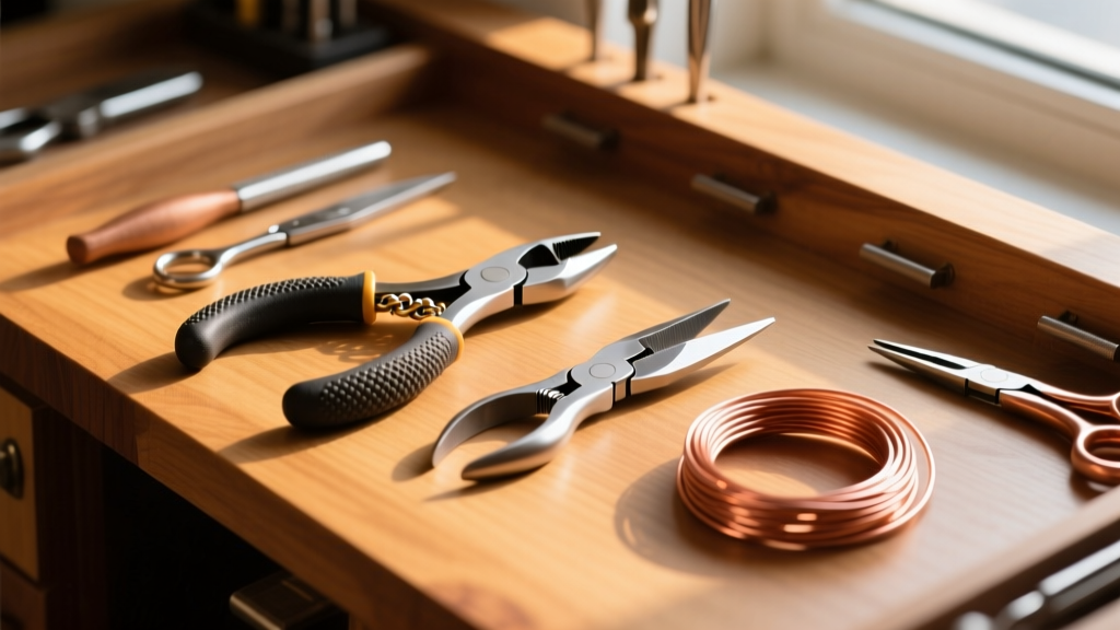Overhead view of a wooden jeweler bench with chain-nose pliers, flush cutters, and coiled copper wire under warm lighting